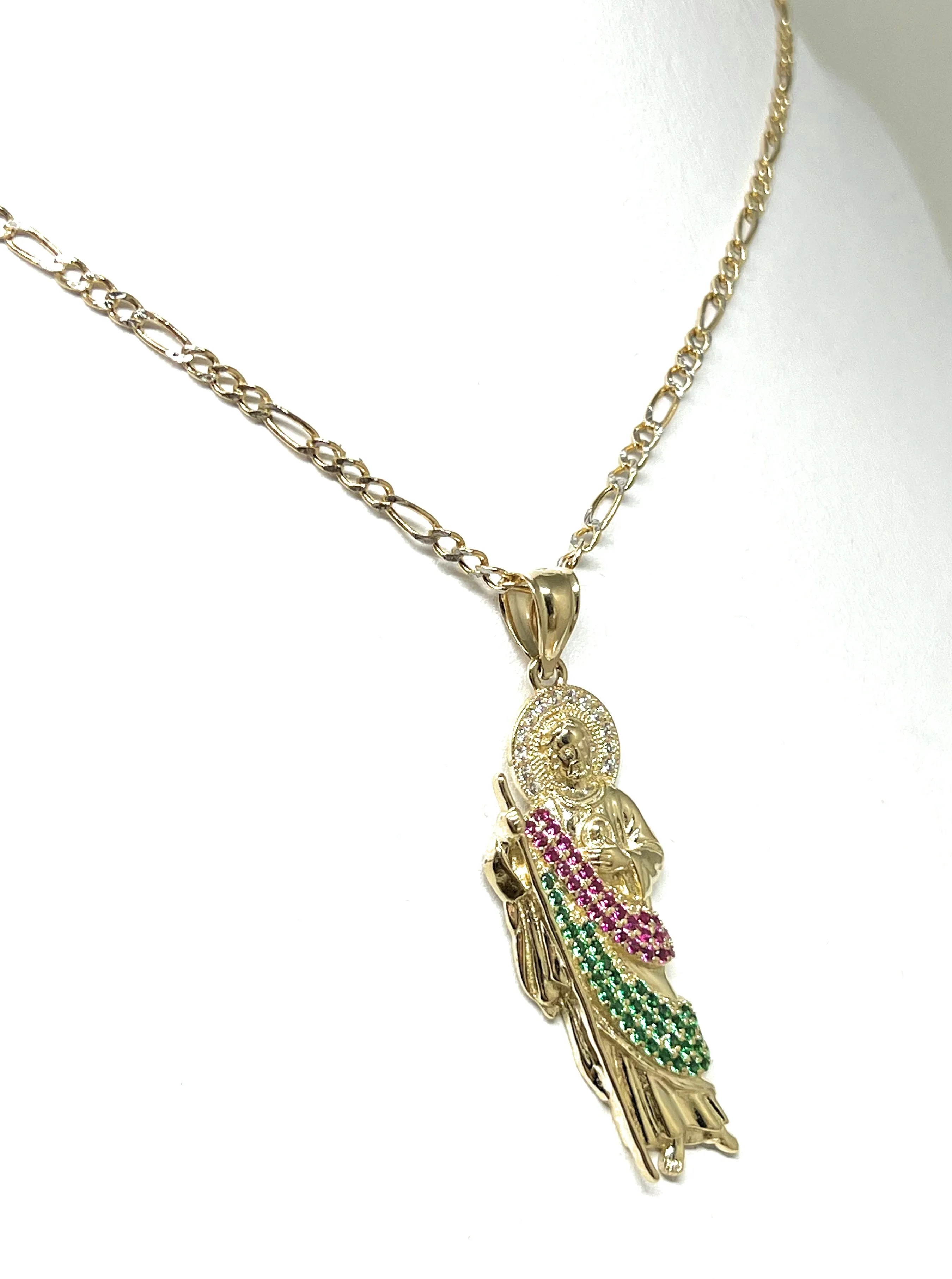 14k Solid Gold Yellow White, Green, Red CZ Saan Judas Saaint Jude Pendant with Chain Optional (SMALL)