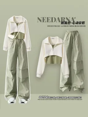 A complete set of tea-style dopamine contrast color outfits for women in autumn, cool Korean style, cool overalls