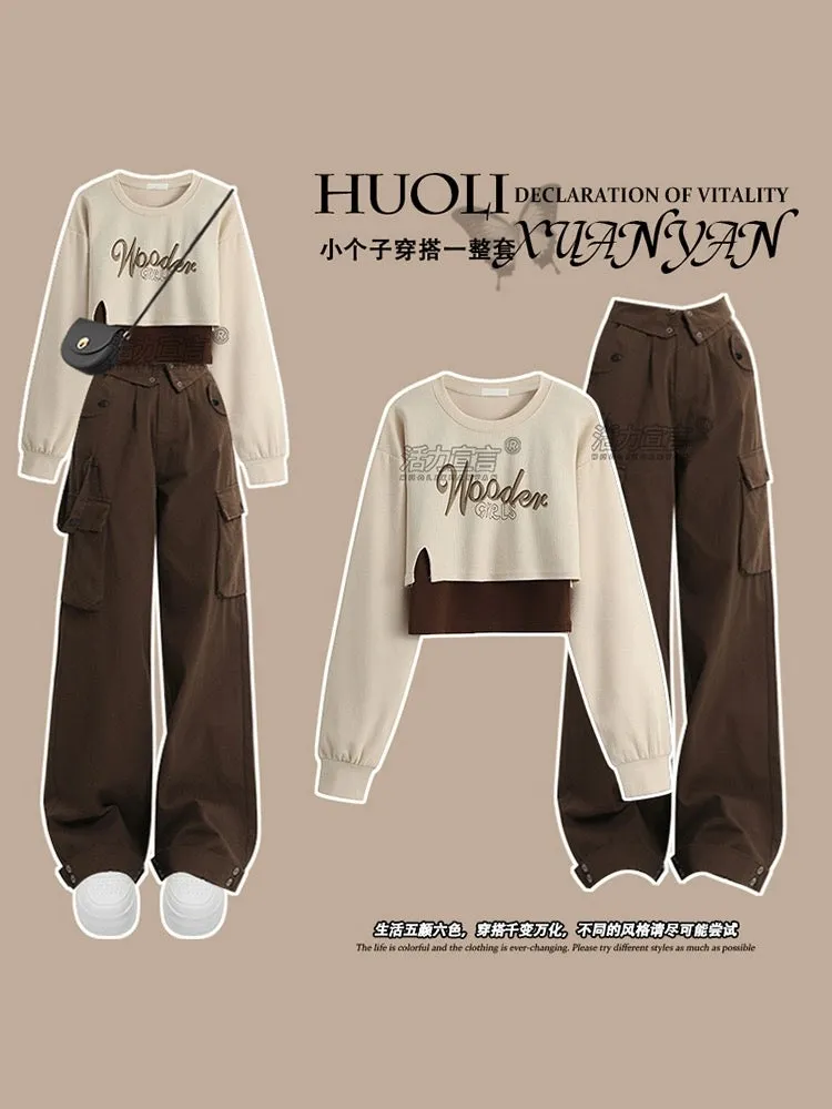 American retro round neck sweatshirt for women spring and autumn 2024 new overalls small size high-end college style tops