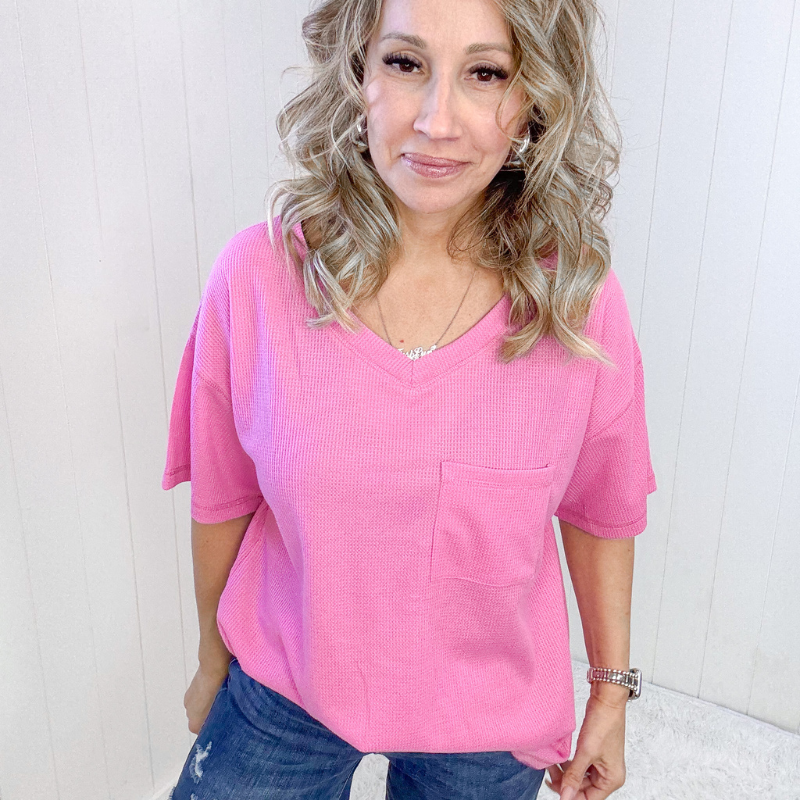 Back Together Pink Waffle Knit V-Neck Short Sleeve Top