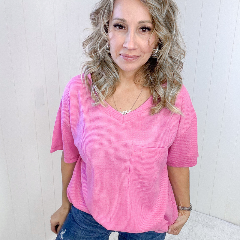 Back Together Pink Waffle Knit V-Neck Short Sleeve Top