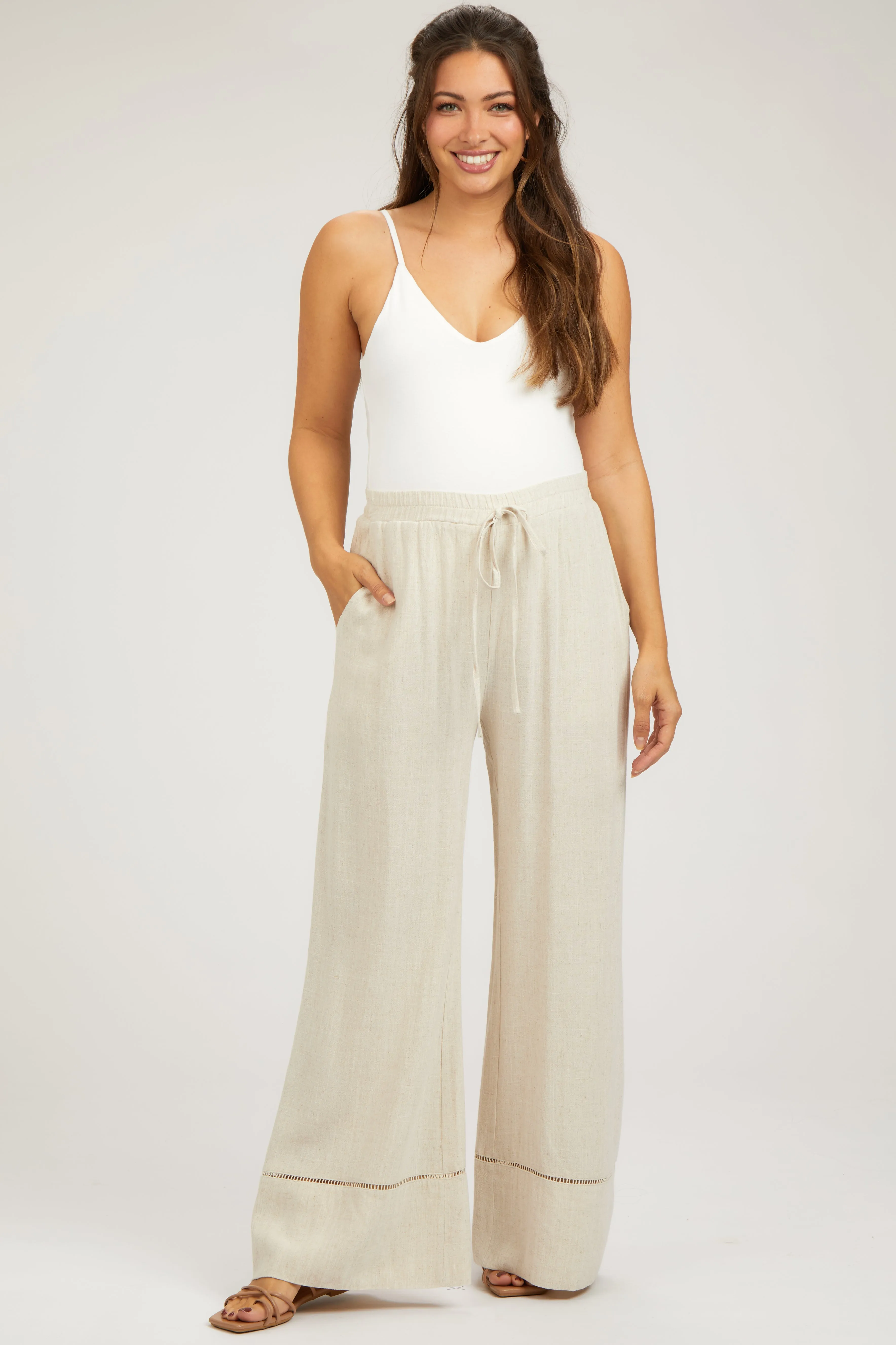 Beige Linen Wide Leg Lace Trim Maternity Pants