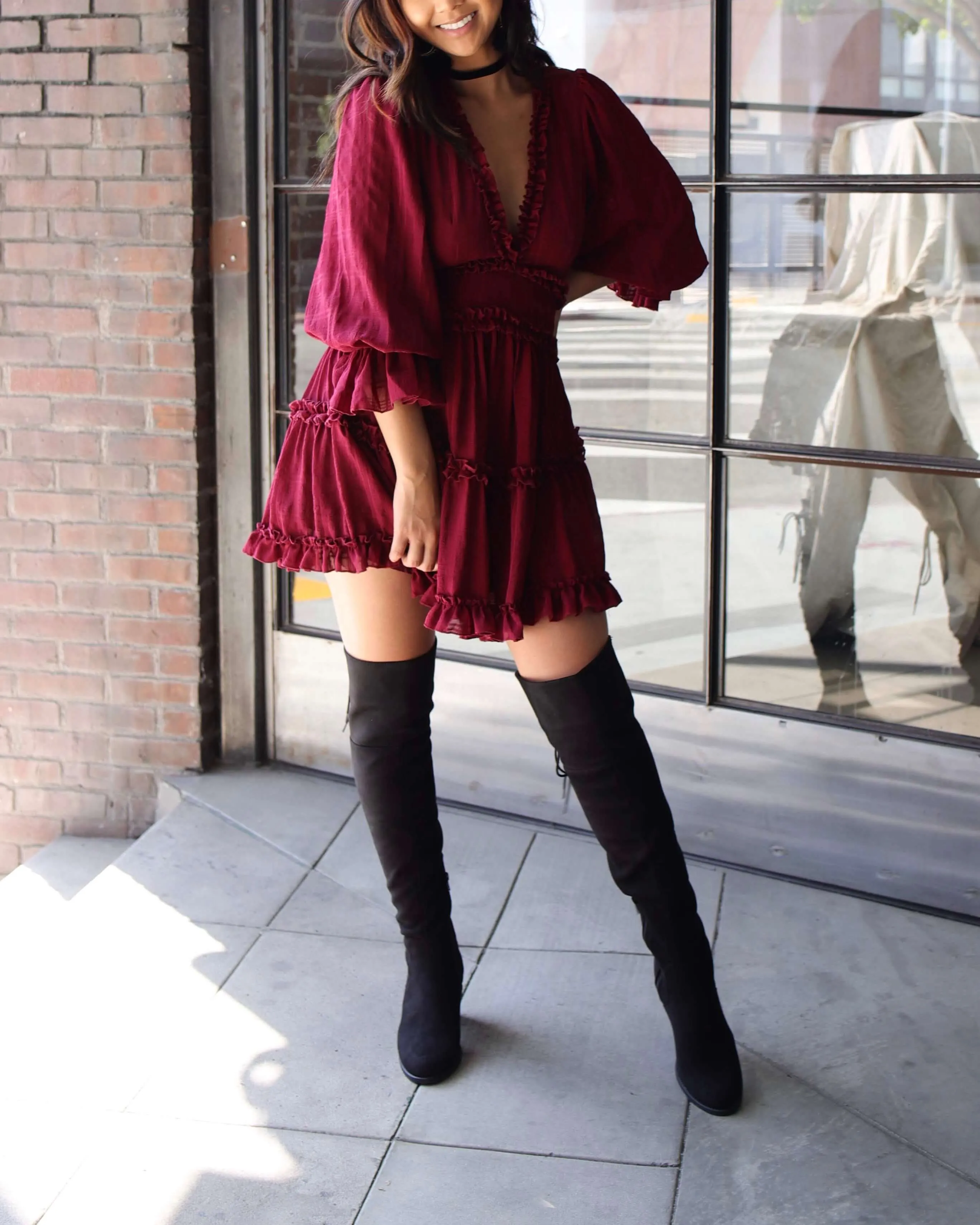 Bell Sleeve Cut Out Ruffled V-Neck Dress in More Colors