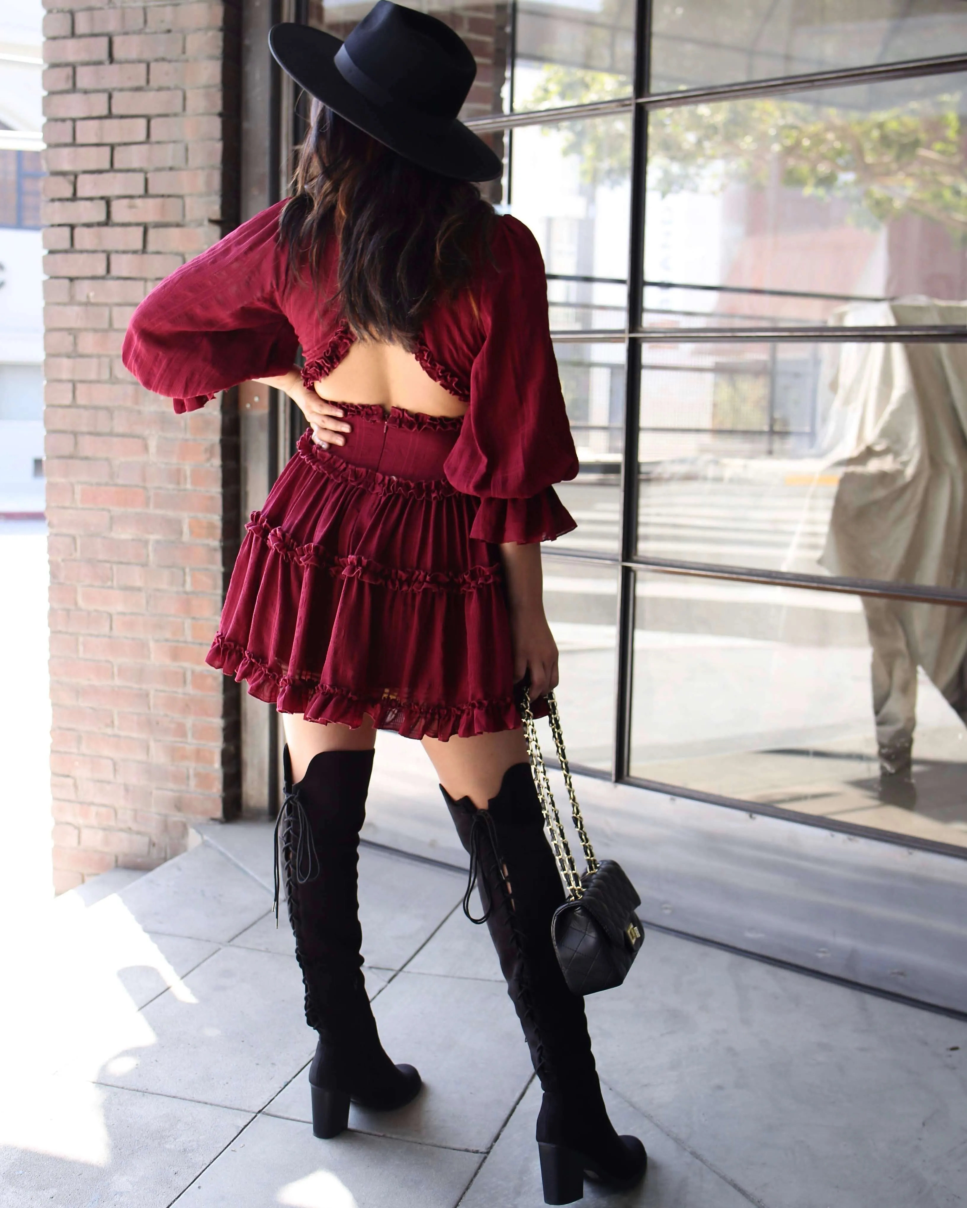 Bell Sleeve Cut Out Ruffled V-Neck Dress in More Colors