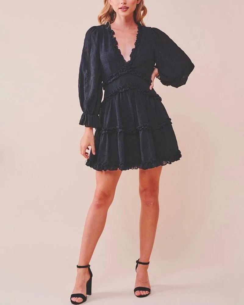 Bell Sleeve Cut Out Ruffled V-Neck Dress in More Colors