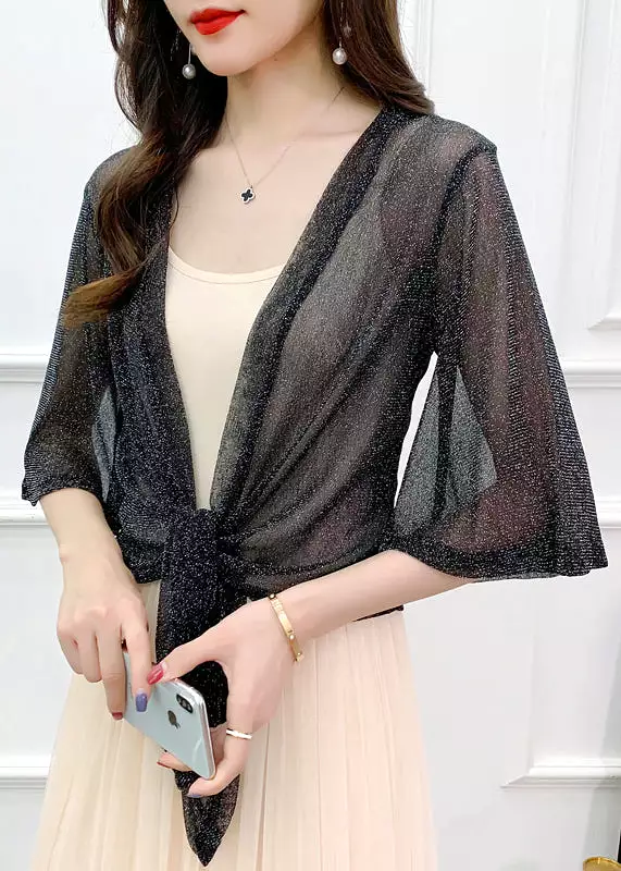 Black Lace Up Thin Tulle Cardigans V Neck Flare Sleeve AS1057