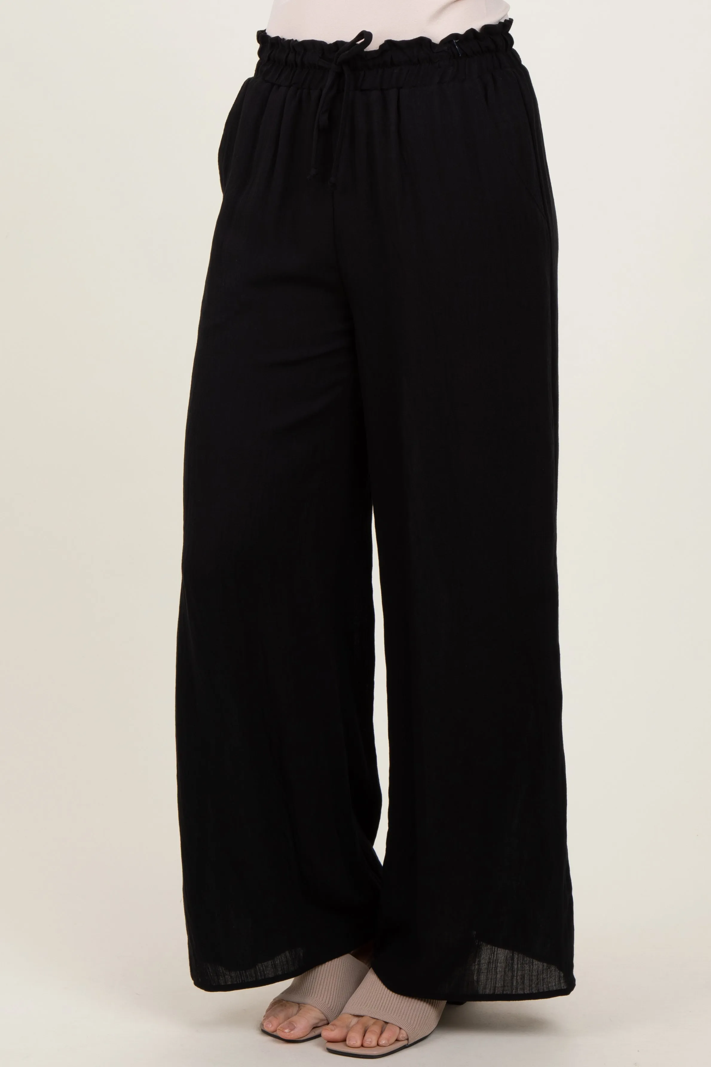 Black Ruffled Drawstring Waist Wide Leg Pants