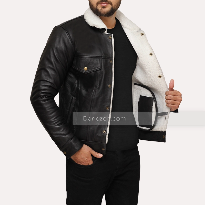 Black Shearling Trucker Jacket | Black Trucker Jacket