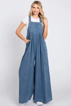 Blue Corduroy Front Pleated Wide Leg Overalls