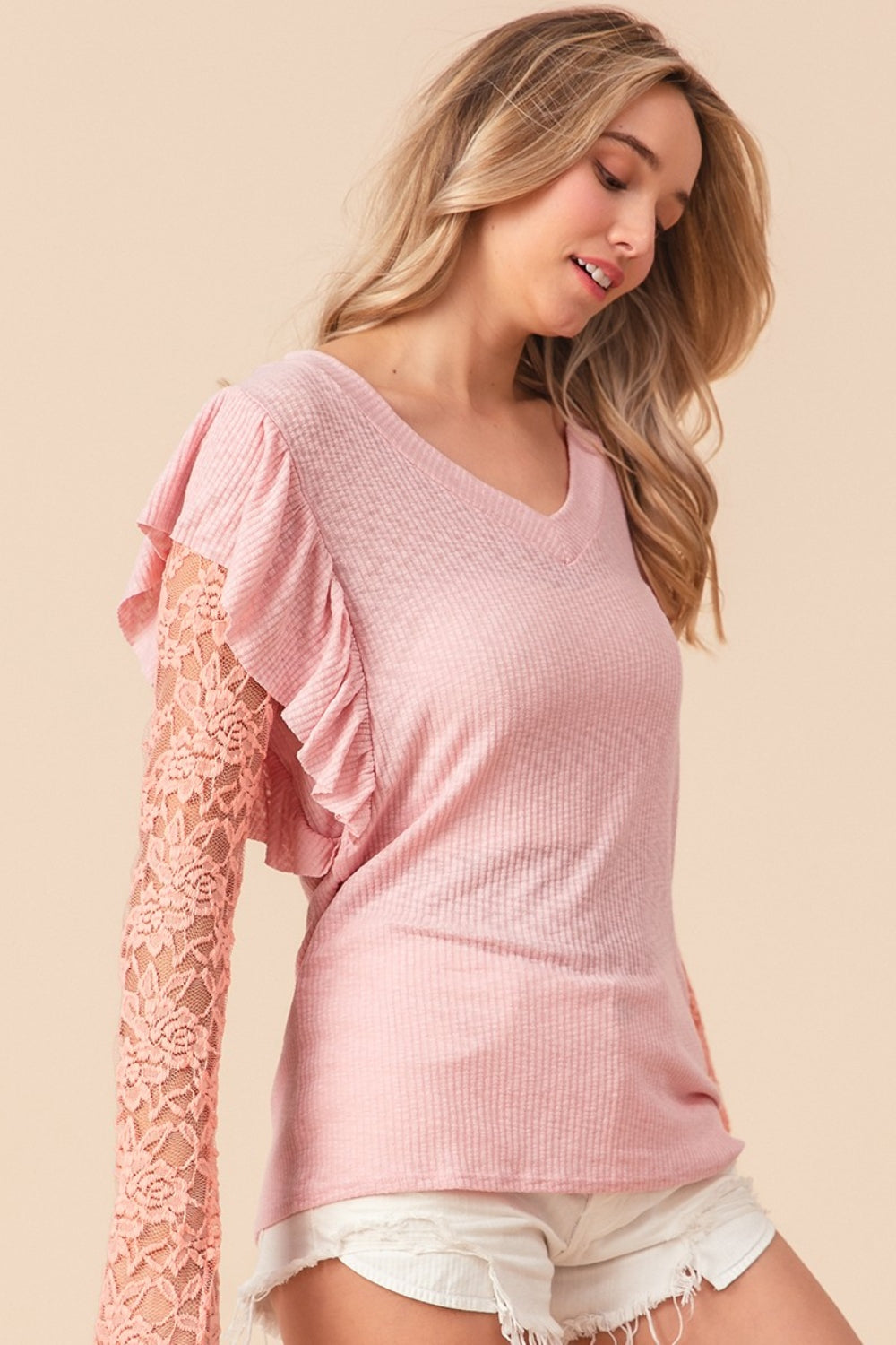 Blush Pink Ruffled Lace Sleeve Rib Knit Top