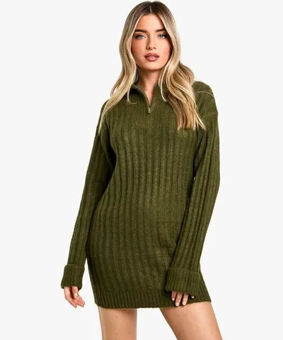 boohoo Womens Soft Knit Rib Zip Neck Oversized Mini Dress