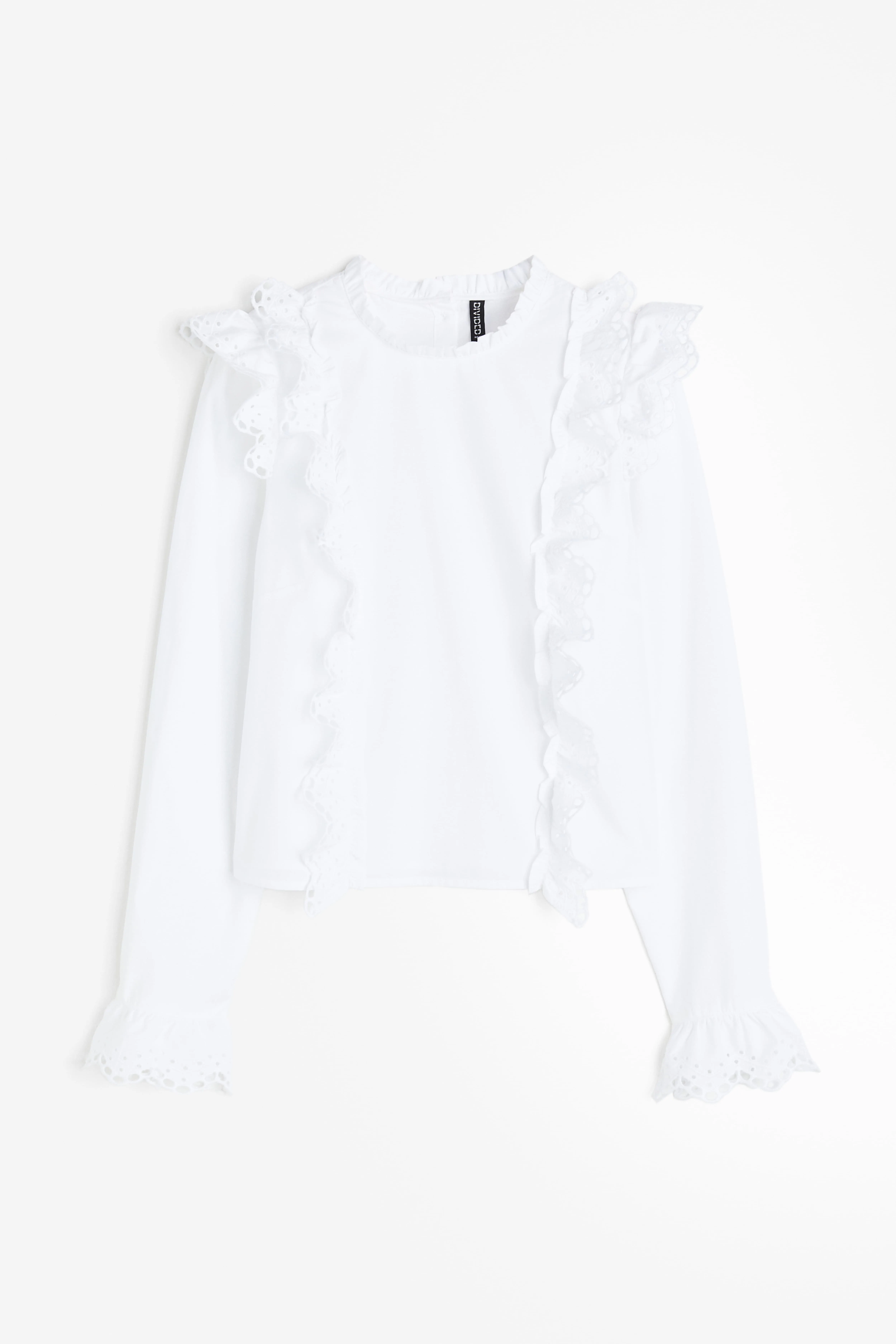 Broderie-anglaise-detail ruffled blouse - Long sleeve - Regular length - White - Ladies | H&M GB