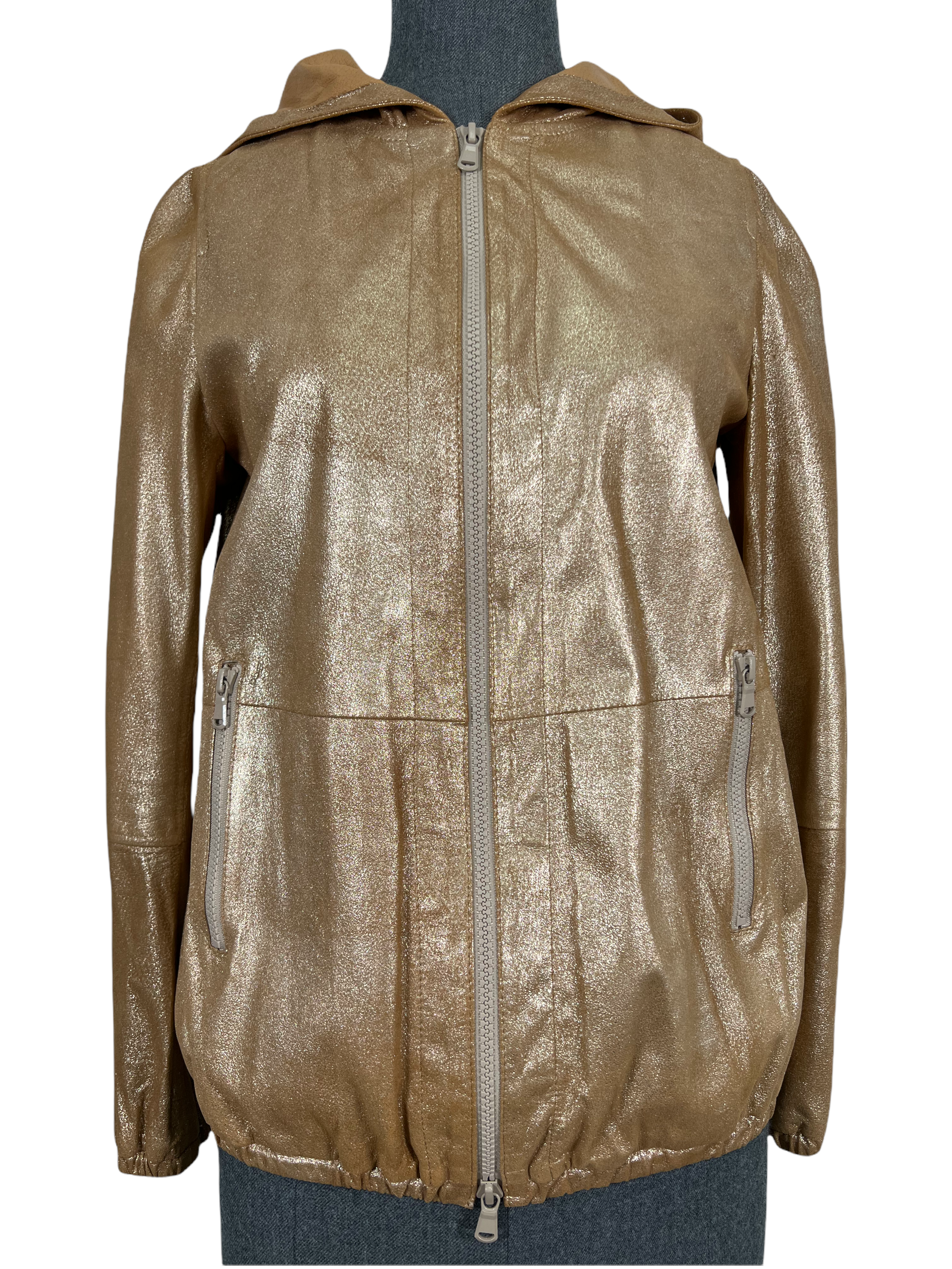 Brunello Cucinelli Metallic Leather Hooded Jacket Size 2