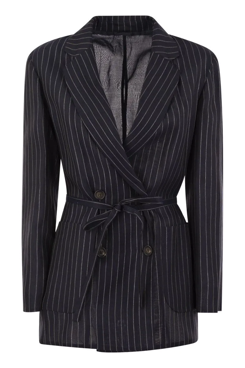 BRUNELLO CUCINELLI Sparkling Stripe Cotton Gauze Jacket with Belt & Necklace