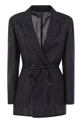 BRUNELLO CUCINELLI Sparkling Stripe Cotton Gauze Jacket with Belt & Necklace