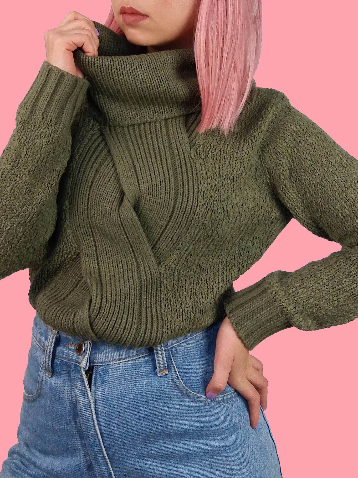 Cable Knit Large Cowl Neck Sweater Olive Green ~ size S-M