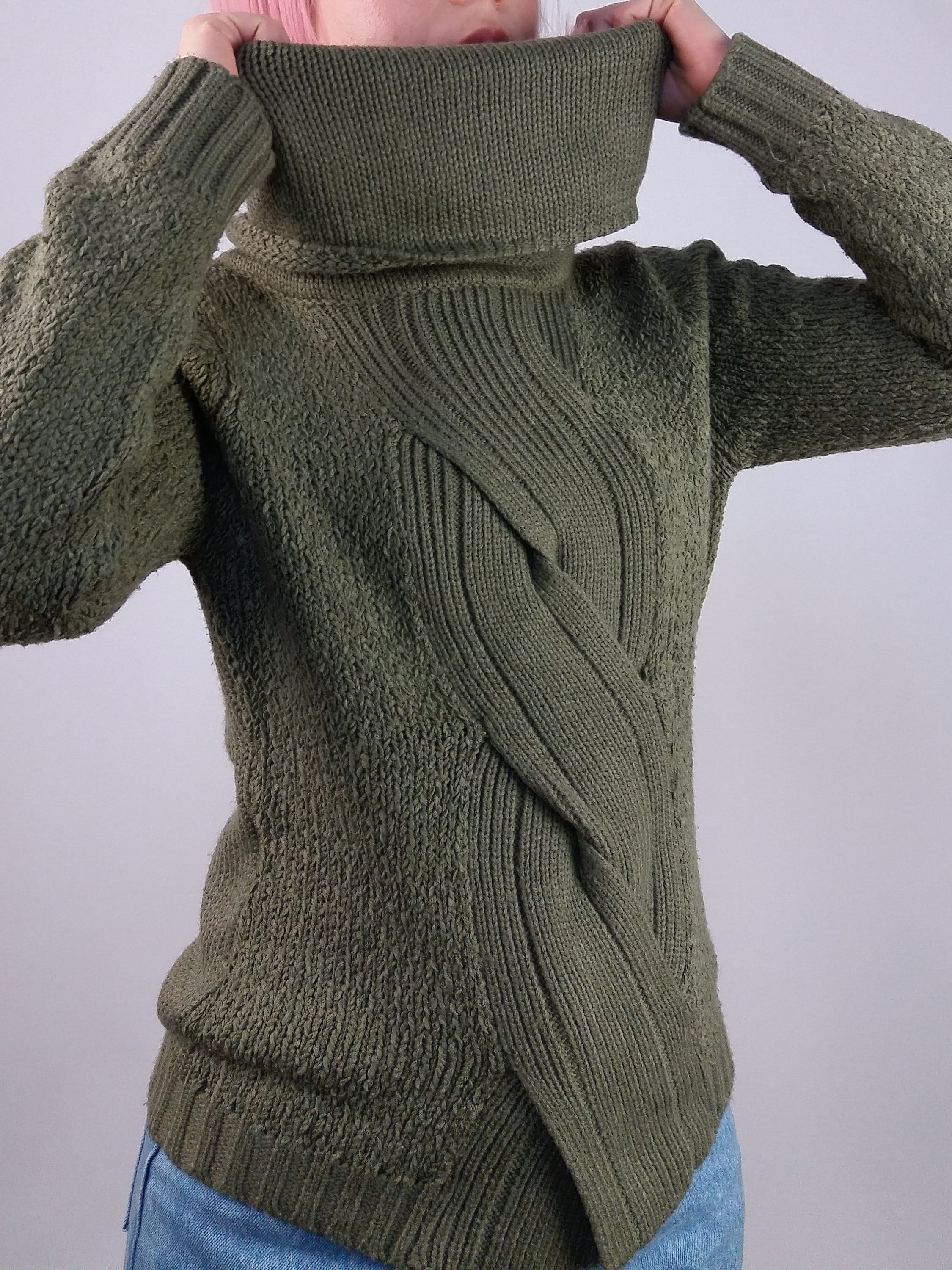 Cable Knit Large Cowl Neck Sweater Olive Green ~ size S-M