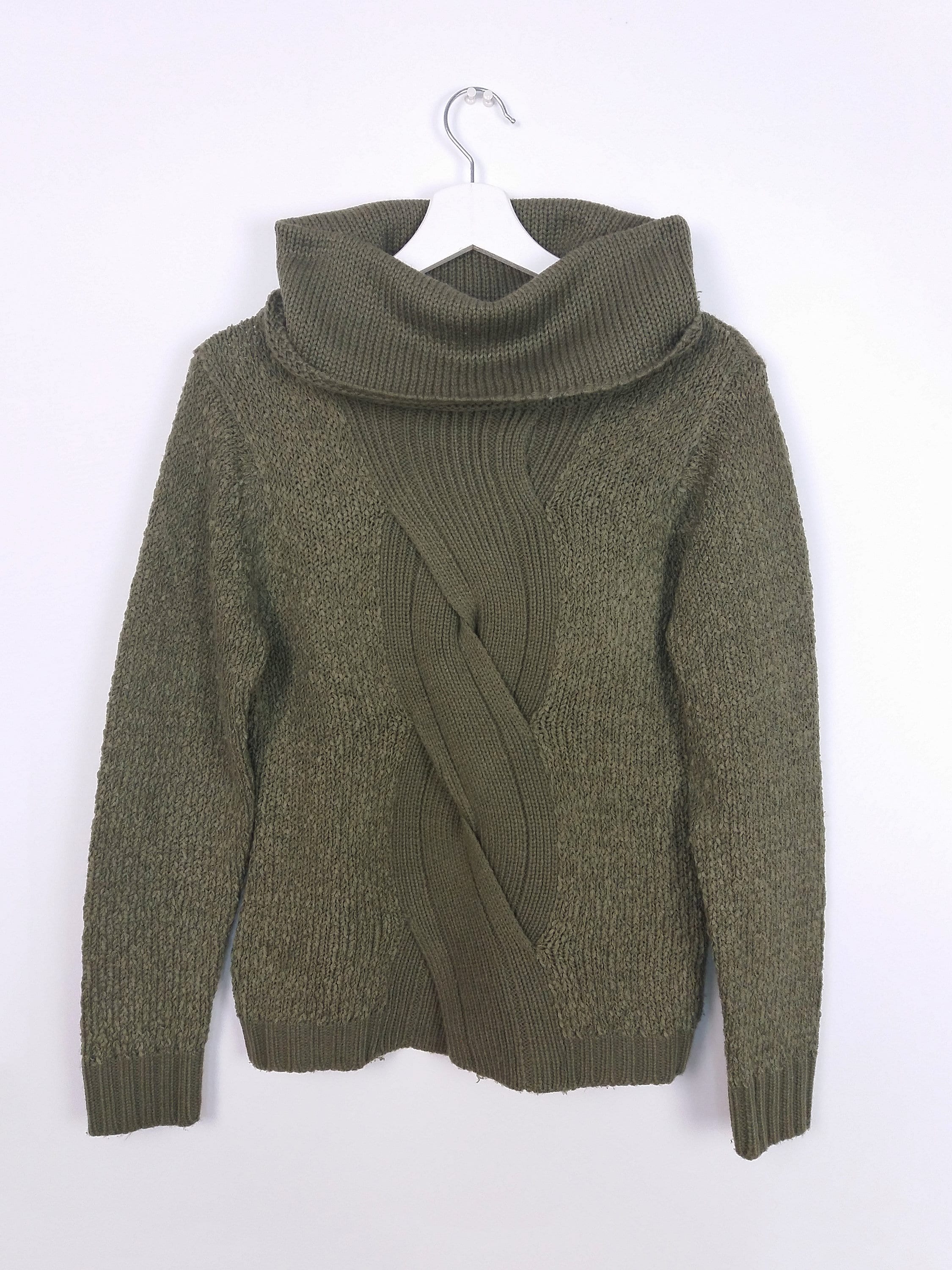 Cable Knit Large Cowl Neck Sweater Olive Green ~ size S-M