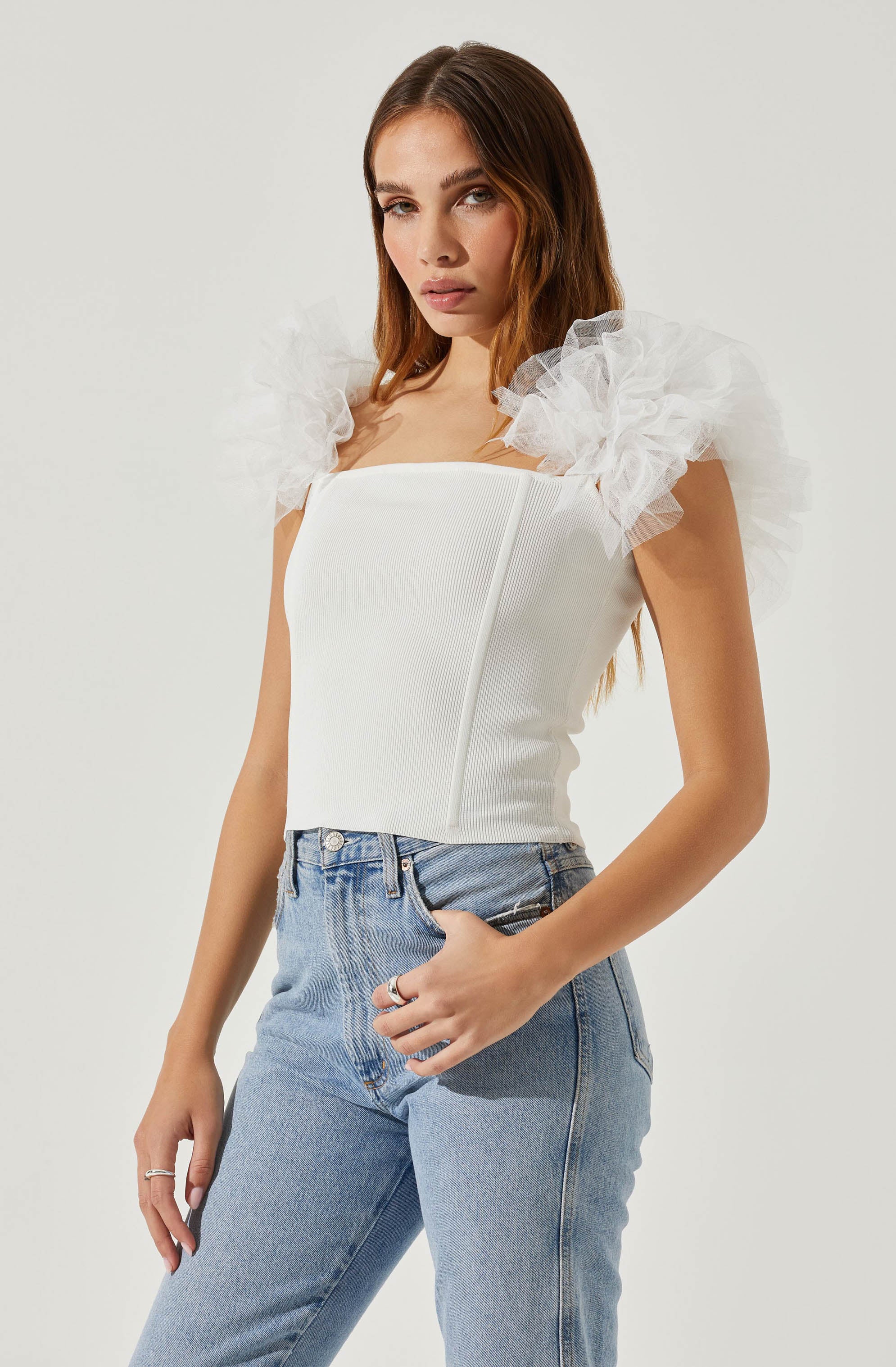 Calla Off Shoulder Tulle Sleeve Sweater