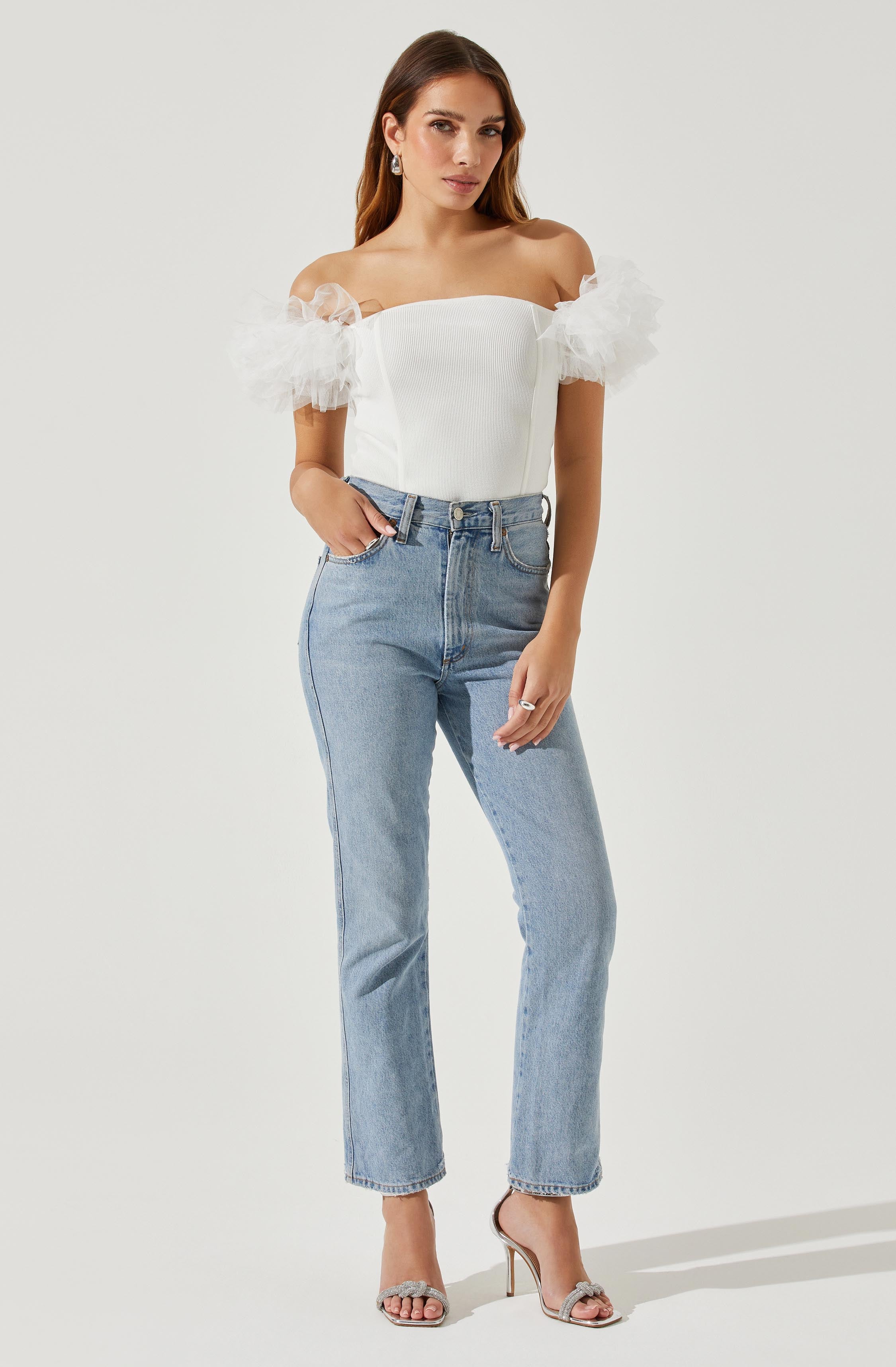 Calla Off Shoulder Tulle Sleeve Sweater