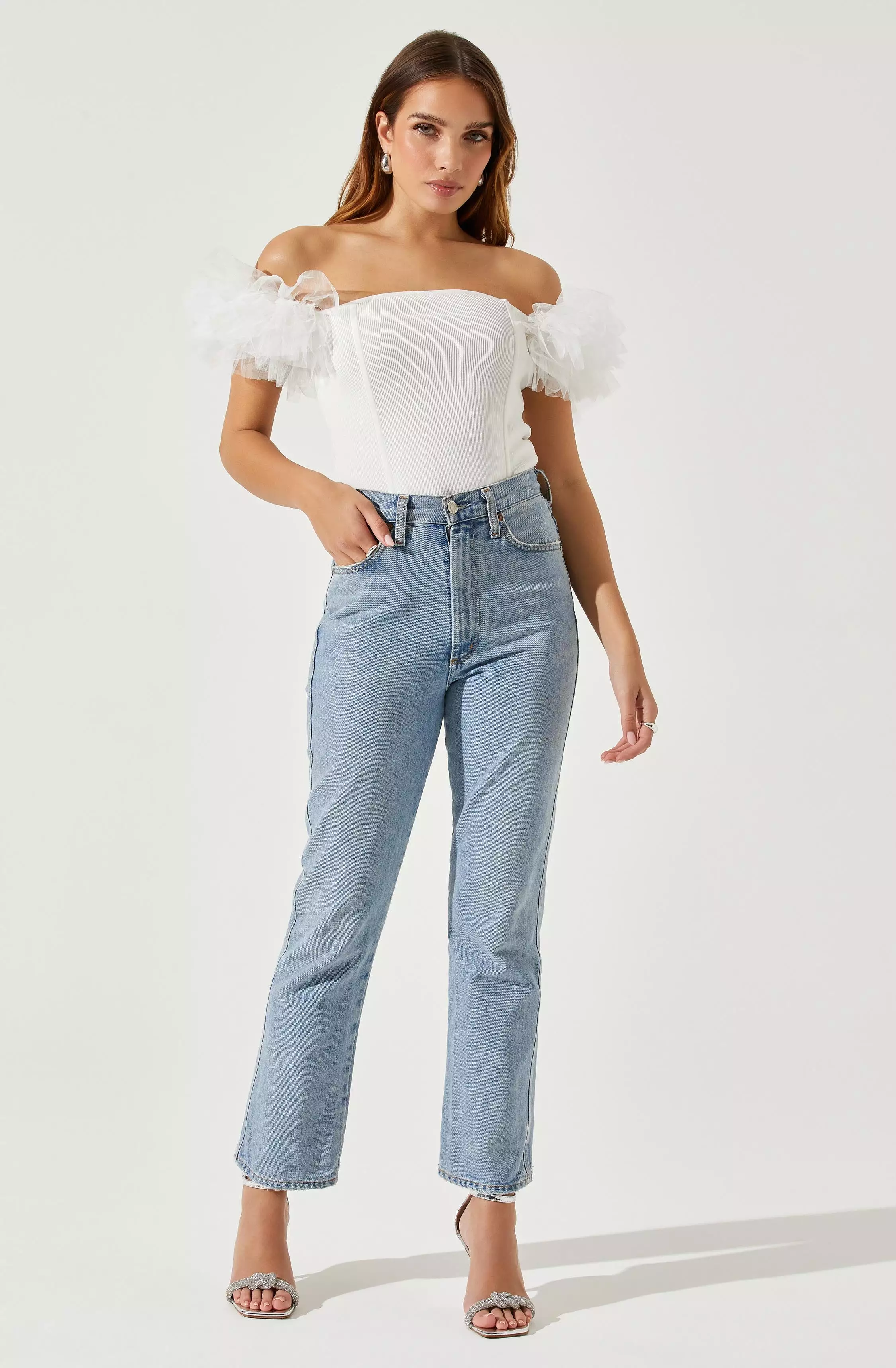 Calla Off Shoulder Tulle Sleeve Sweater