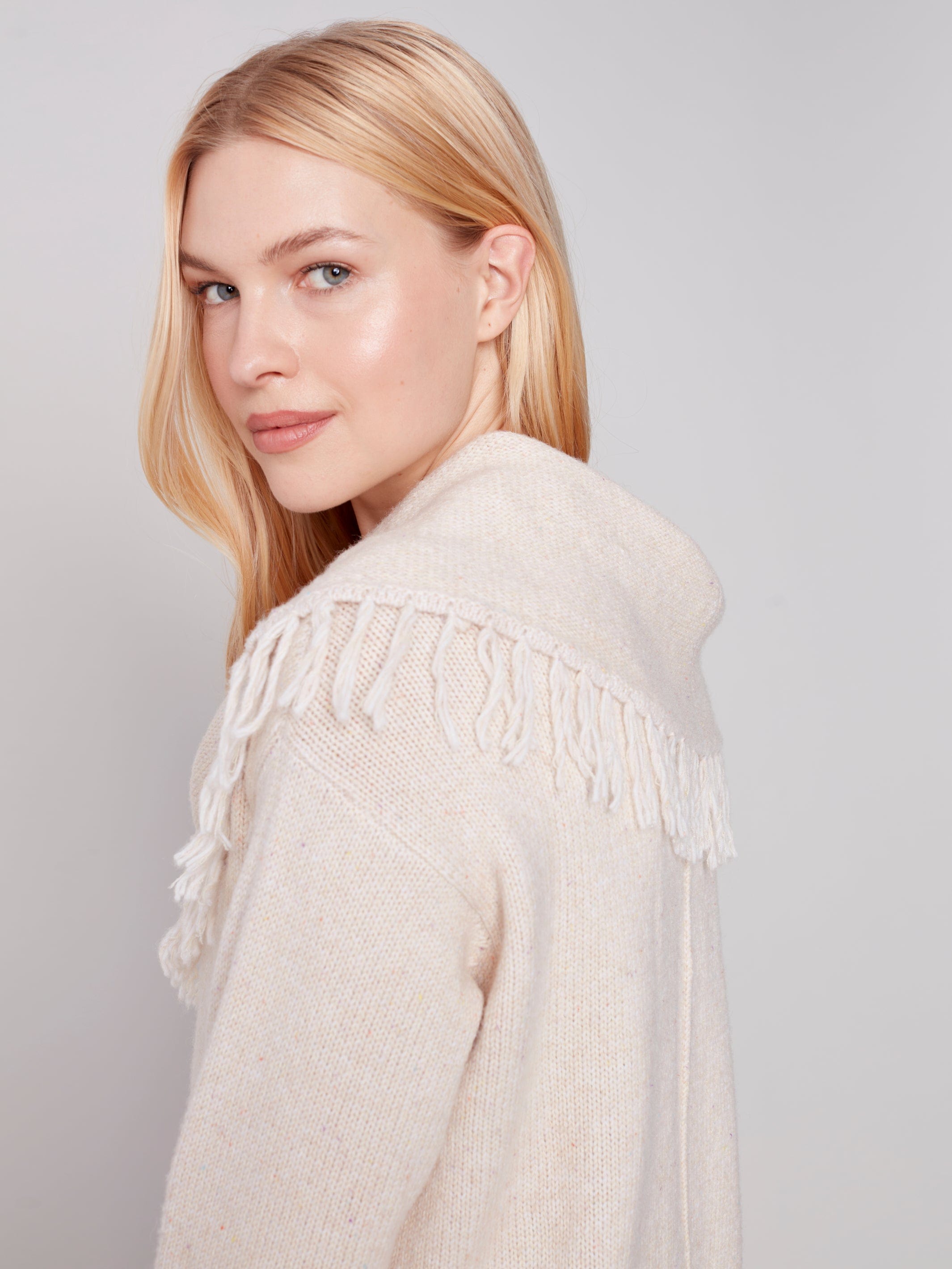 Charlie B Fringed Cowl Neck Sweater - C2584