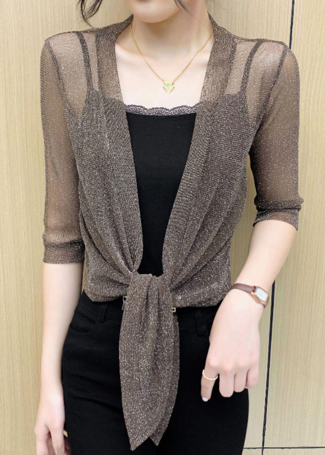 Coffee Lace Up Tulle Cardigan V Neck Half Sleeve AS1077