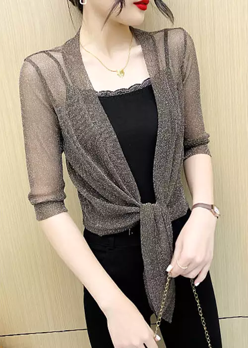 Coffee Lace Up Tulle Cardigan V Neck Half Sleeve AS1077