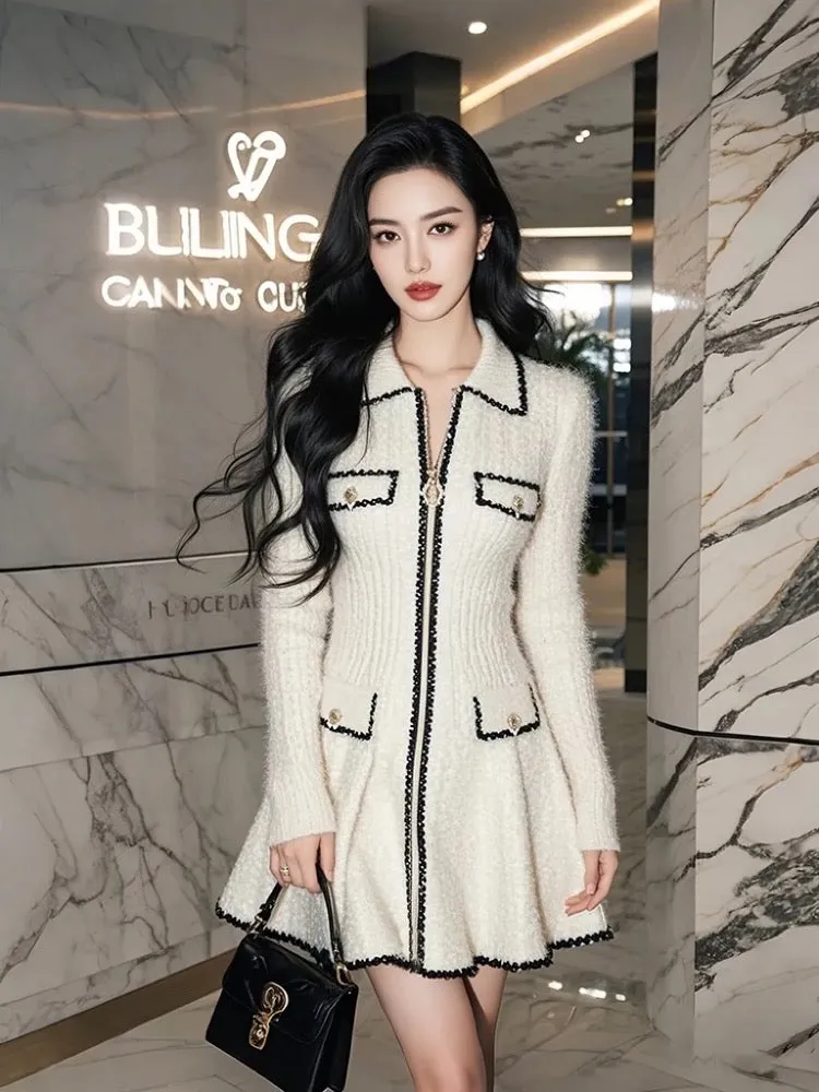 Cold and unique skirt French style high-end light mature temperament with coat white knitted dress female winter