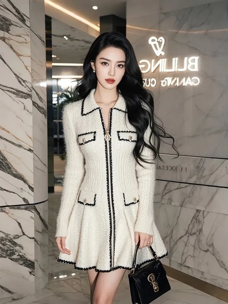 Cold and unique skirt French style high-end light mature temperament with coat white knitted dress female winter