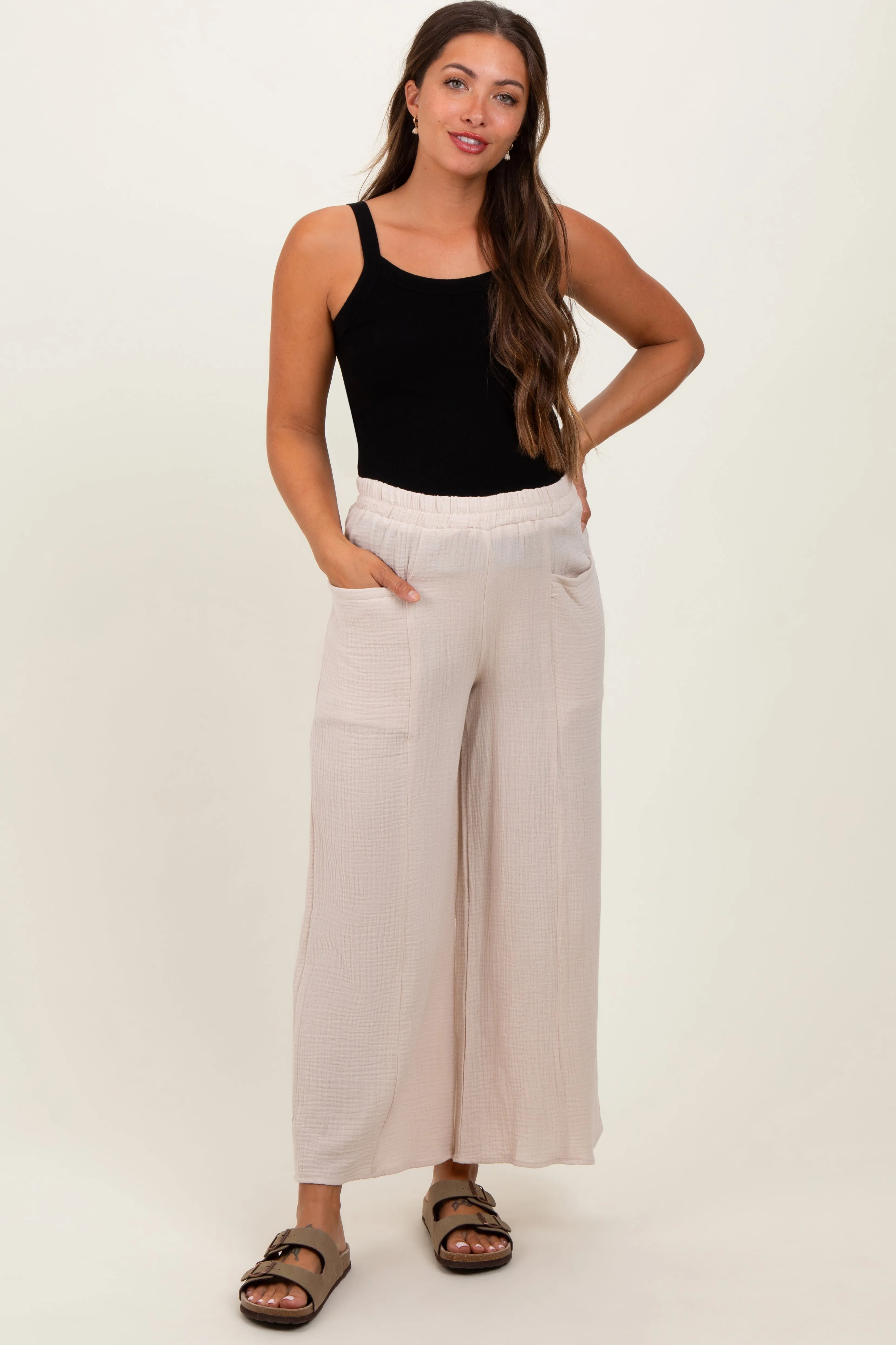 Cream Cotton Gauze Wide Leg Maternity Pants