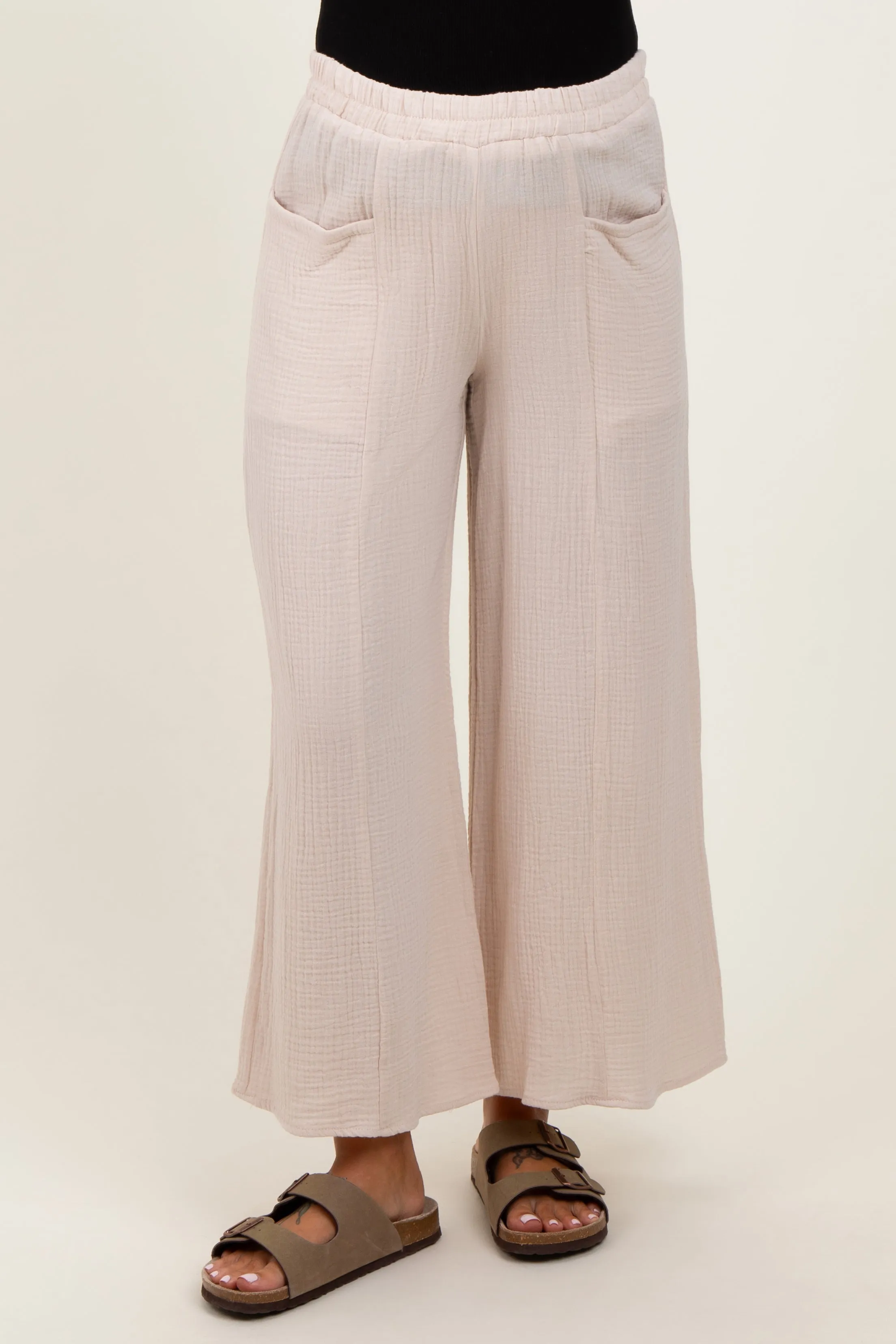 Cream Cotton Gauze Wide Leg Maternity Pants