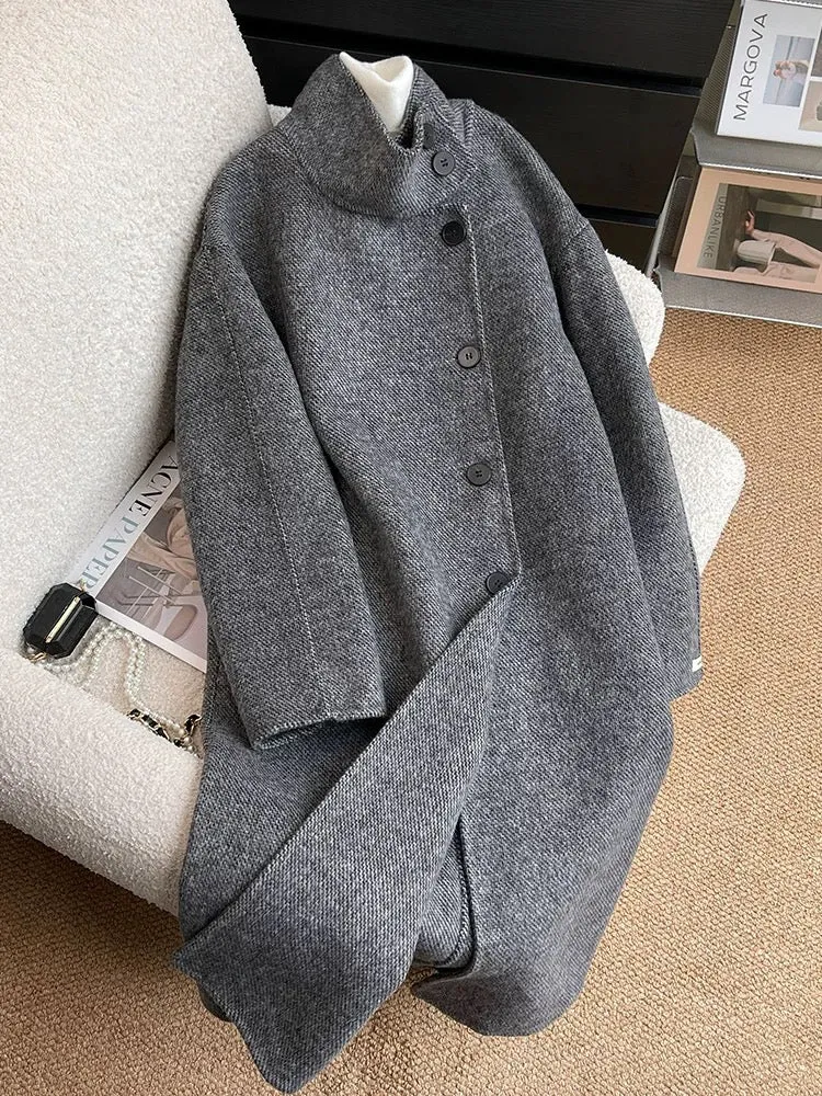 Dark gray double-sided woolen woolen coat for women 2024 autumn and winter temperament Korean style Hepburn style mid-length woo