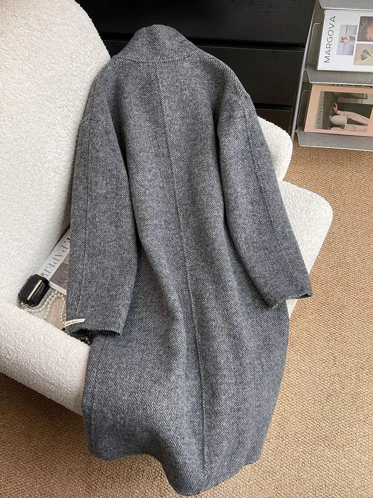 Dark gray double-sided woolen woolen coat for women 2024 autumn and winter temperament Korean style Hepburn style mid-length woo