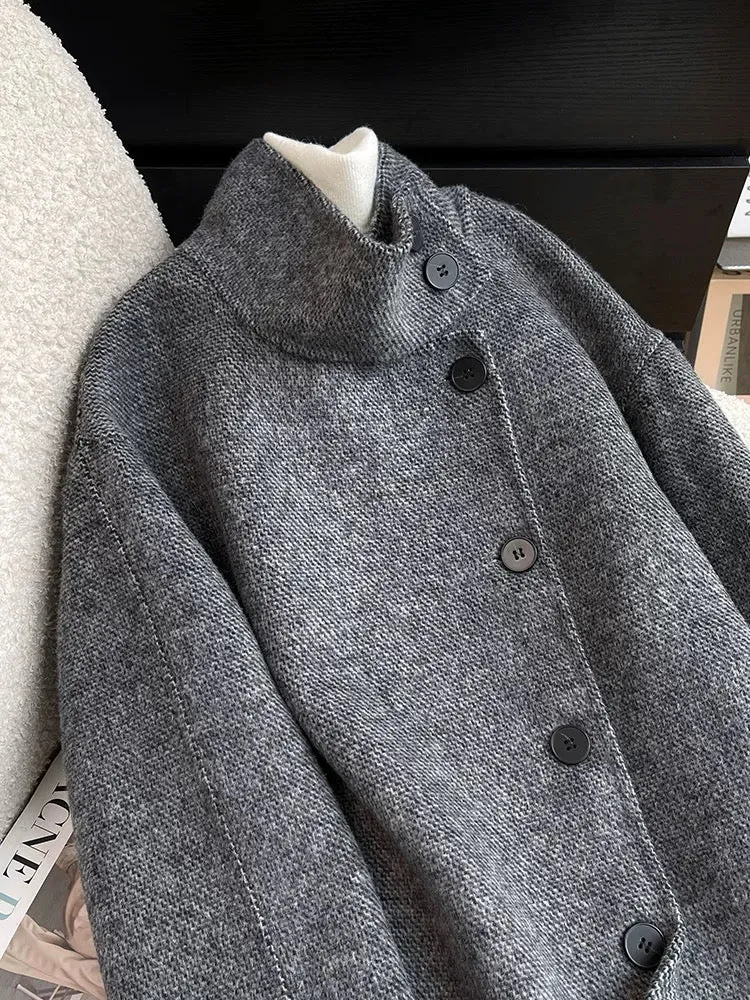 Dark gray double-sided woolen woolen coat for women 2024 autumn and winter temperament Korean style Hepburn style mid-length woo