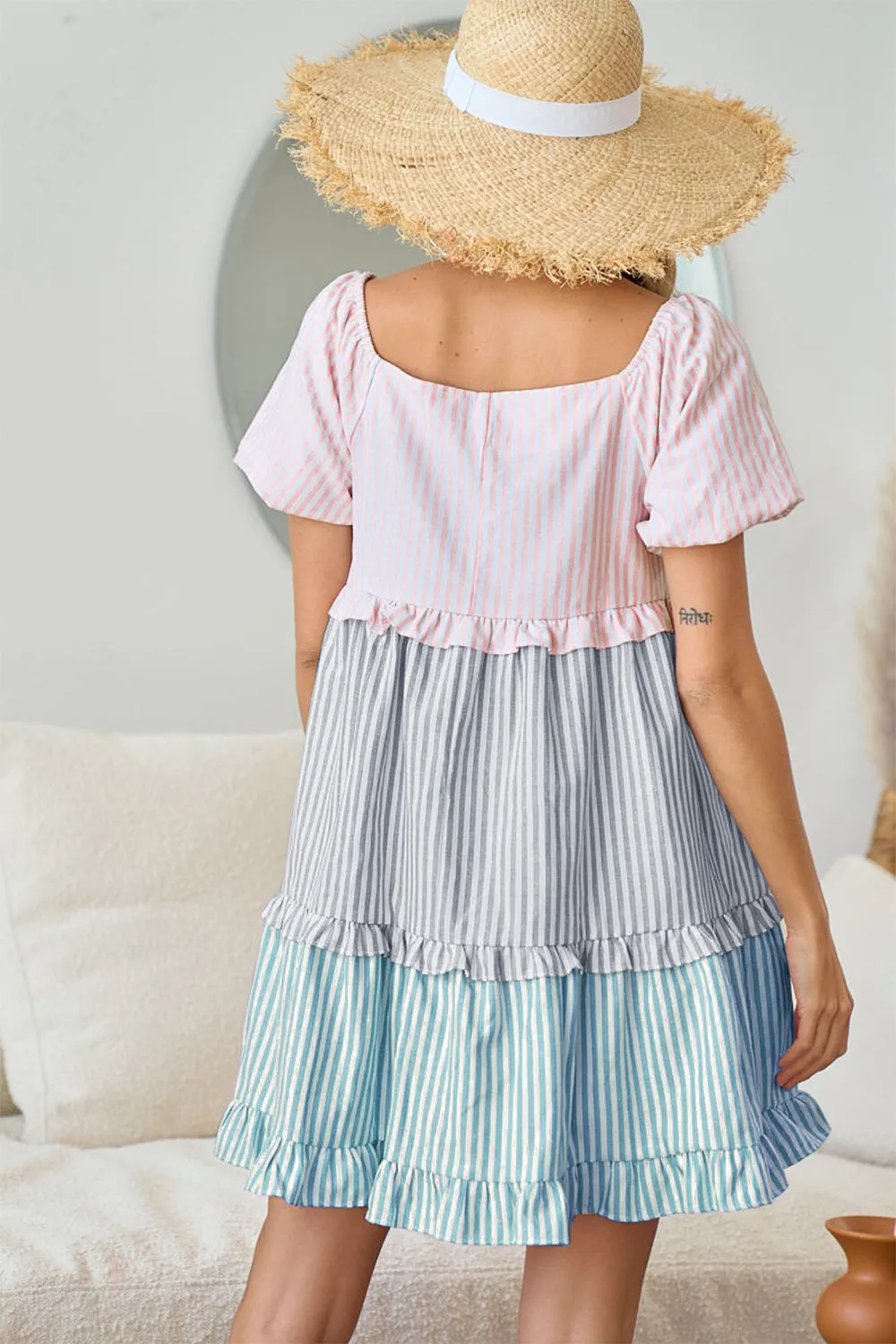 Delaney Square Neck Puff Sleeve Ruffled Hem Tiered Dress