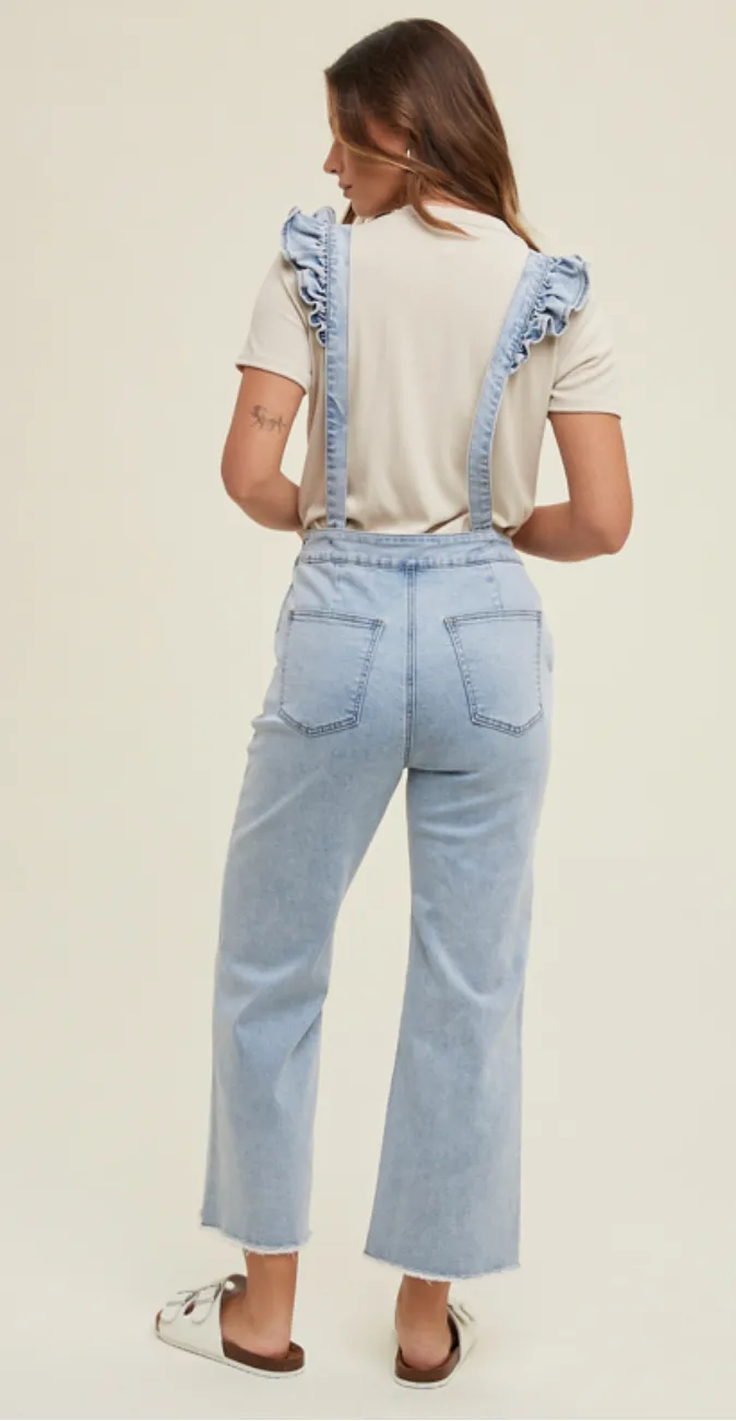 DENIM RUFFLE SUSPENDER OVERALLS