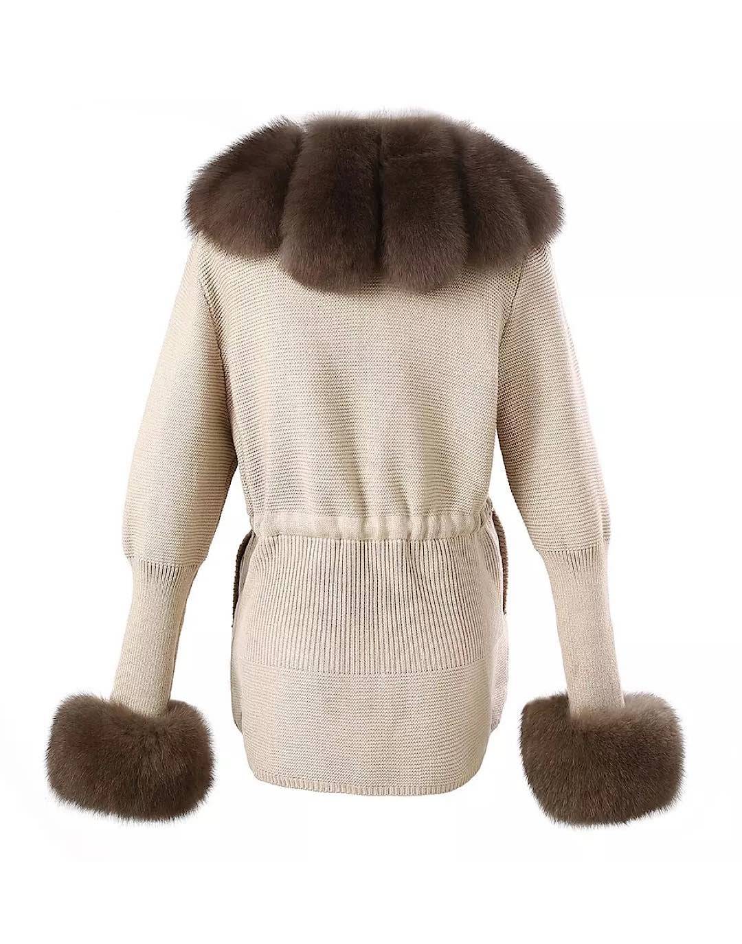 Detachable Fox Fur Trim Rib Knit Sweater