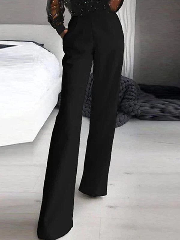 Elegant Black Sequin Mesh Jumpsuit for Women - V-Neck Long Sleeve Party Prom Wear