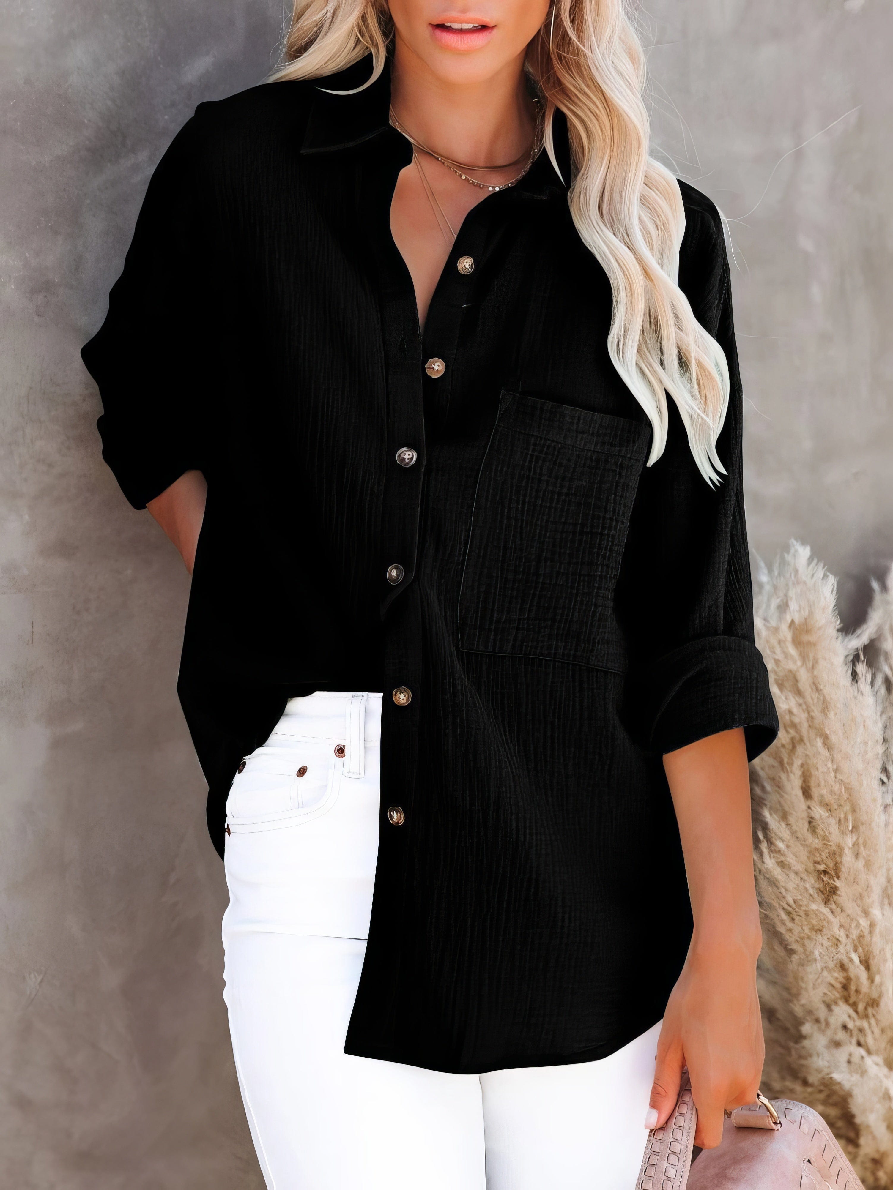 Elegant Button-Up V-Neck Long Sleeve Blouse