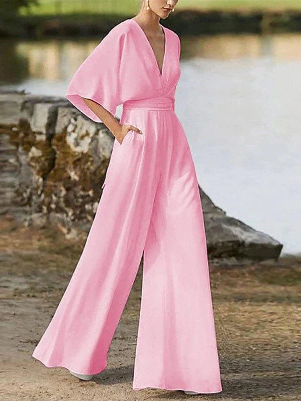 Elegant V-Neck Backless Jumpsuit with 3/4 Length Sleeve and Pocket