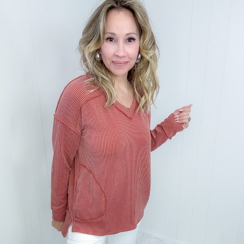 First and Foremost Rust Rib Knit Long Sleeve Top