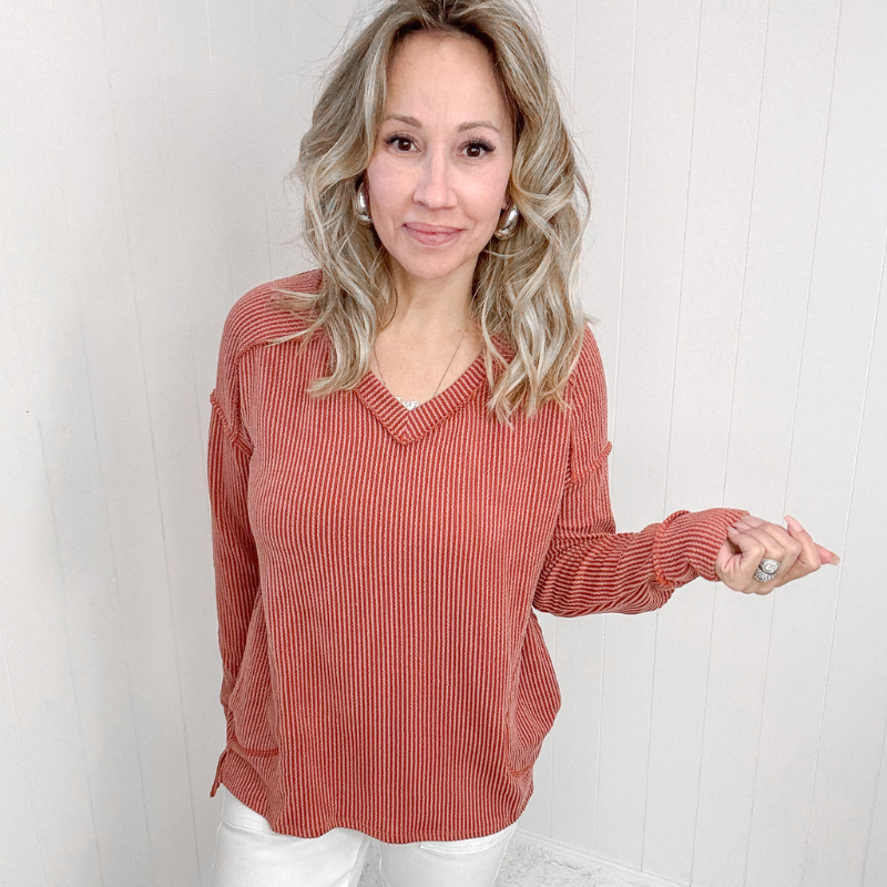 First and Foremost Rust Rib Knit Long Sleeve Top