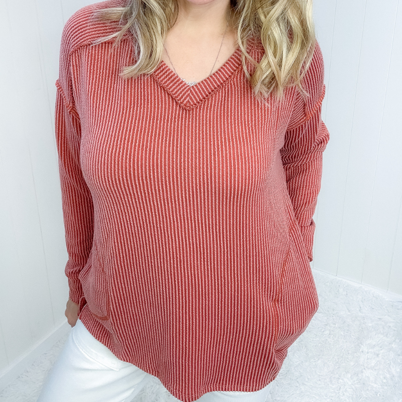 First and Foremost Rust Rib Knit Long Sleeve Top