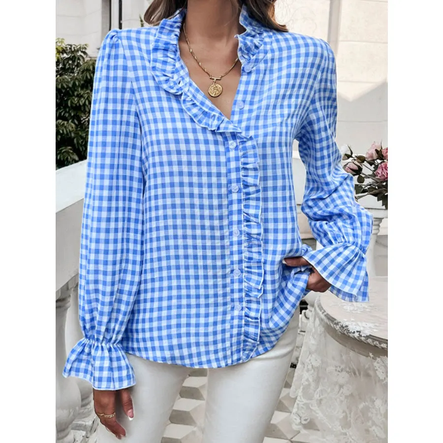 Frill Ruffled Plaid Long Sleeve Shirt