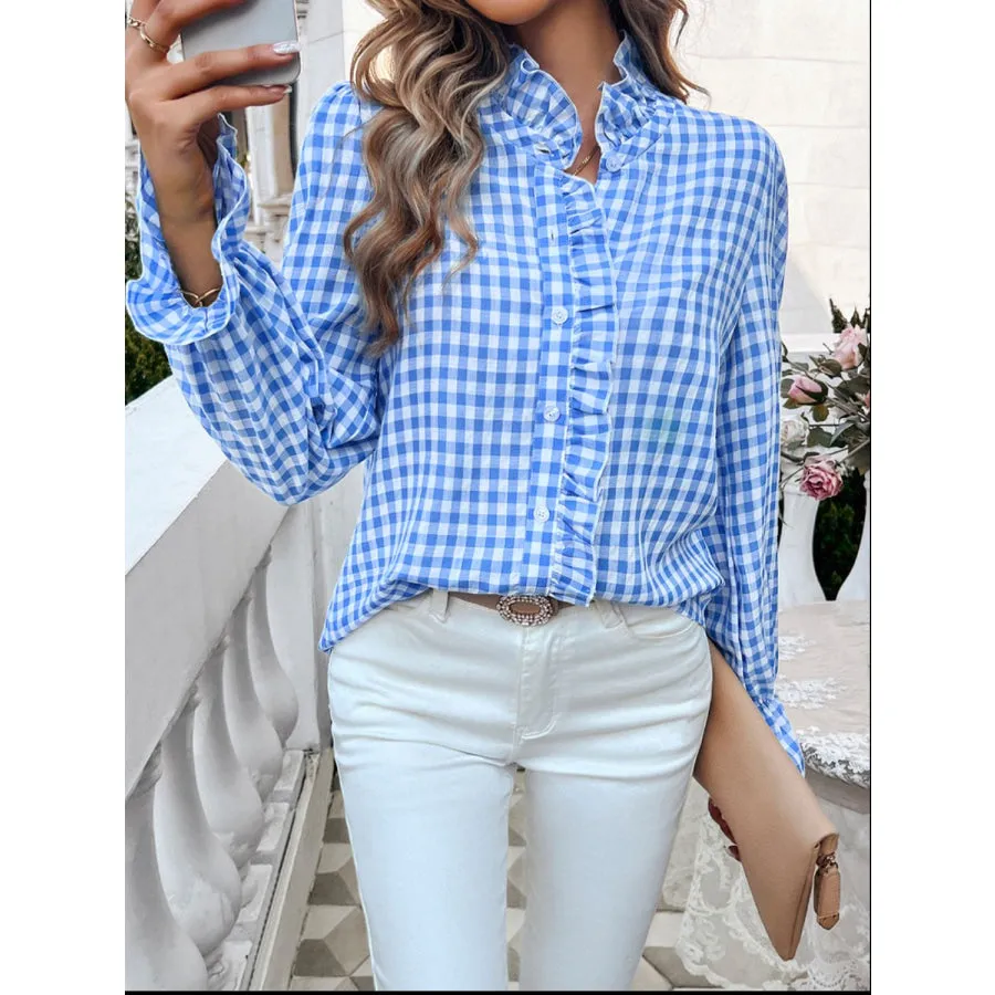 Frill Ruffled Plaid Long Sleeve Shirt