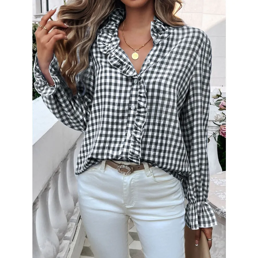 Frill Ruffled Plaid Long Sleeve Shirt