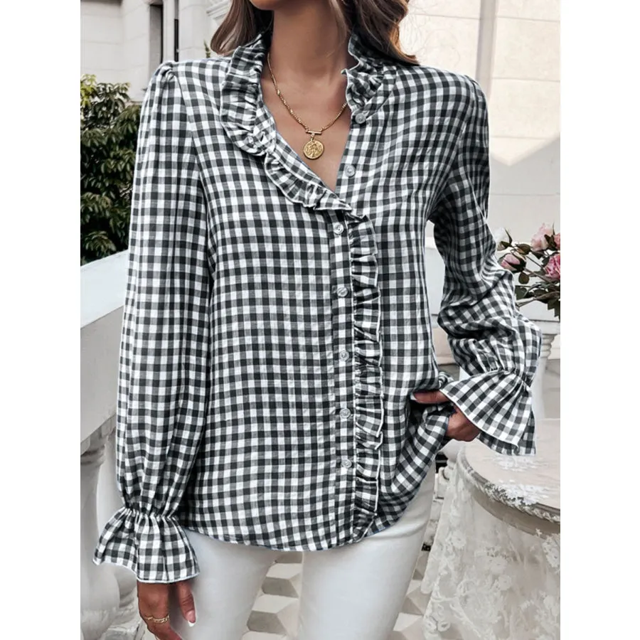 Frill Ruffled Plaid Long Sleeve Shirt