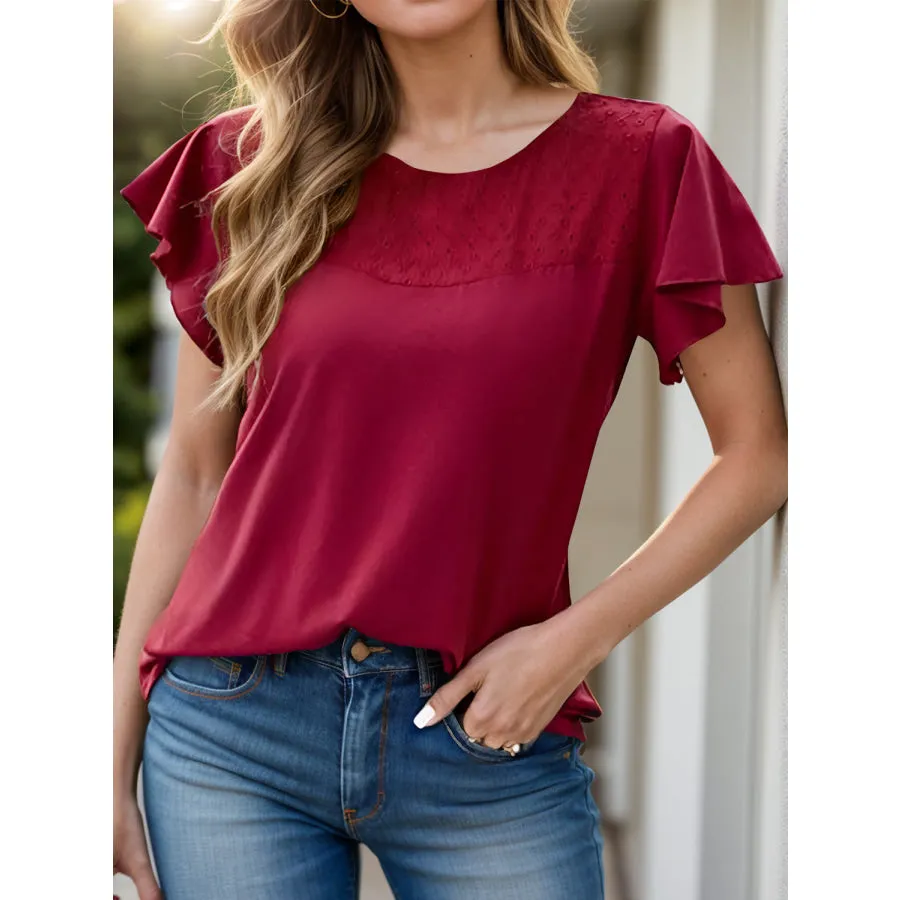 Full Size Ruffled Round Neck Short Sleeve Blouse