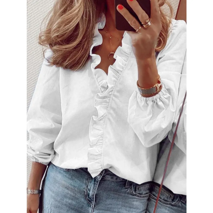 Full Size Ruffled V-Neck Long Sleeve Blouse